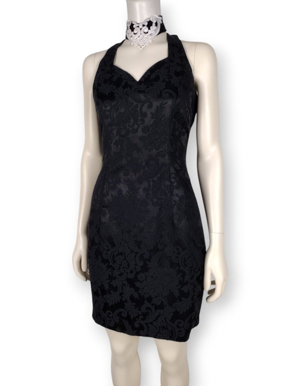 Vintage 90s Jessica McClintock Black Brocade Mini Sheath Choker Halter Dress - Picture 3 of 13